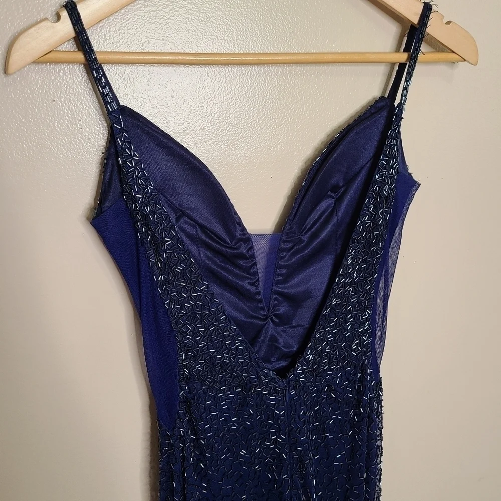 PromGirl Navy Fully Beaded Plunge Neckline Open Back Sleeveless Gown